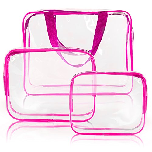 3Pcs Crystal Clear PVC Travel Toiletry Bag Kit for Women Men (1 Large, 1 Medium, 1 Small-Hot Pink / 3 Piece Set)