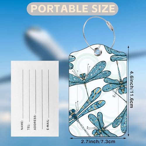 2 Pack Luggage Tags for Suitcases Vintage Blue Dragonflies Leather Luggage Tags Privacy Cover ID Label with Stainless Steel Loop and Address Card for Women Men Travel Bag Backpack (Vintage Blue Dragonflies)