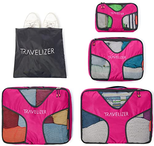 Travel Packing Cubes 5 pcs Luggage Organizer Set for Bag & Suitcase (Fuchsia)