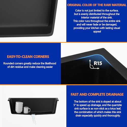 25" Quartz Sink Drop In Wet Bar Sink Black Prep Kitchen Sink Topmount Deep Single Bowl (Black / 25"x22")