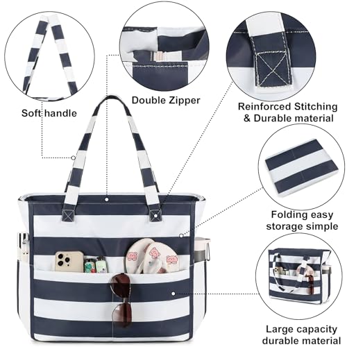 Waterproof Beach Tote Pool Bags for Women Ladies Extra Large Gym Tote Carry On Bag With Wet Compartment for Weekender Travel (Blue Grey Stripes)