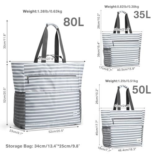 Beach Bag Waterproof Sandproof Large Capacity Foldable for Women (Grey Stripe / 35L)