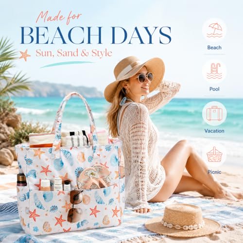 Beach Bag Waterproof Sandproof Women Beach Tote Pool Bag with Zipper for Gym Grocery Travel with Wet Pocket (Beige)