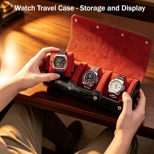 Travel Watch Case (Black/Red Bamboo Grain-3)