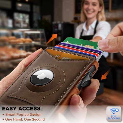 Men Slim Magnetic Leather Airtag Wallet Metal Case Money Clip (Coffee8799)