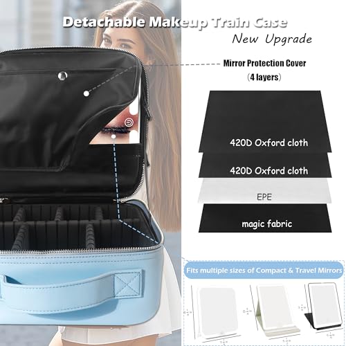 Travel Makeup Bag Cosmetic Bag Makeup Organizer Bag with Lighted Mirror (Azure Blue / Woven)