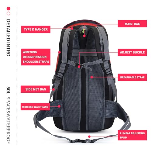 50L Hiking Backpack (50L / Red - No Shoe Compartment)