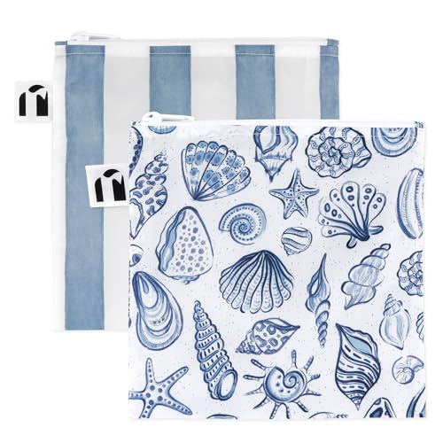 Roamio Reusable Sandwich and Snack Bags (C6 Nautical Stripe & Shells-Lg)