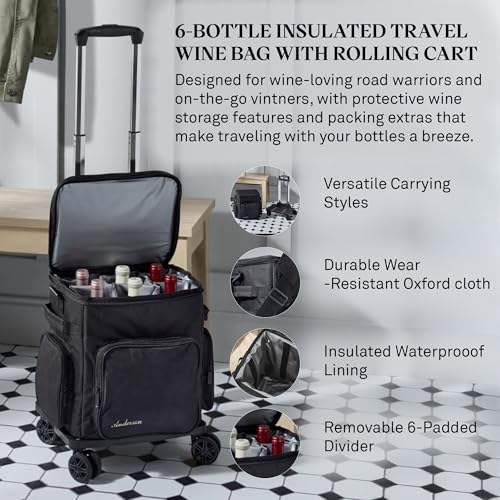 6 Bottle Insulated Wine Bag with Rolling Cart (Black)