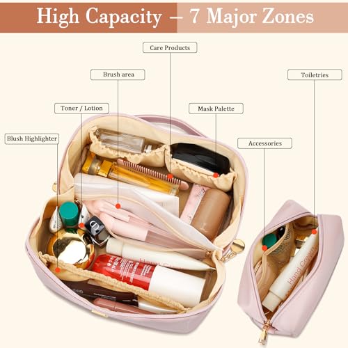 Initial Makeup Bag Personalized Gift for Women Teen Girls (Pink / L)
