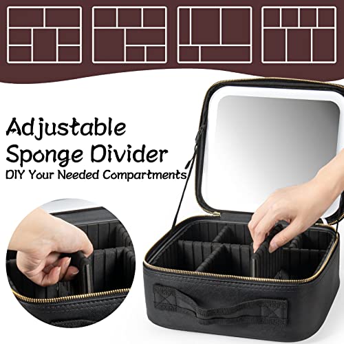Makeup Travel Train Case with Mirror LED Light 3 Adjustable Brightness Large Cosmetic Bag Portable Storage Adjustable Partition Waterproof Makeup Brushes Make up Jewelry Gift for Women (Black)