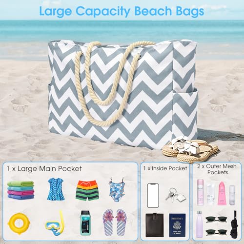 Beach Bags for Women Large Waterproof Beach Tote Bag Zipper Beach Bags Waterproof Sandproof Swim Pool Bag Large Tote (Light Gray Wave)