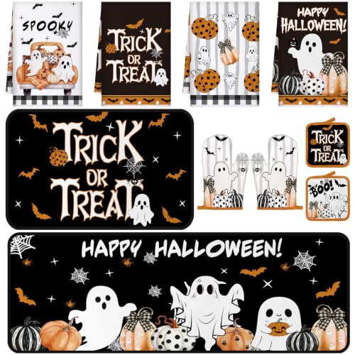 10 Pcs Halloween Ghost Kitchen Decor Accessories Set with Rugs (Black, Orange / Ghost Pumpkins)