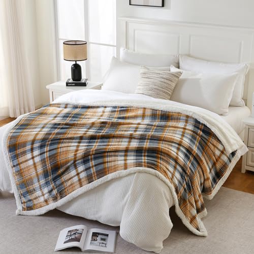 Sherpa Blanket Twin Plaid Thick Bed Blanket (Blue Yellow Check / 60"*80")
