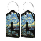 2 Pack Luggage Tags for suitcases Starry Night Cat TSA Approved Label Luggage Tag Baggage Tag Leather Stainless Steel Loop Label Tag for Men Women Travel Bag Suitcase (Starry Night Cat)