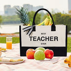 Embroidery Canvas Tote Bag for Women (Black & White / Best Teacher Ever)