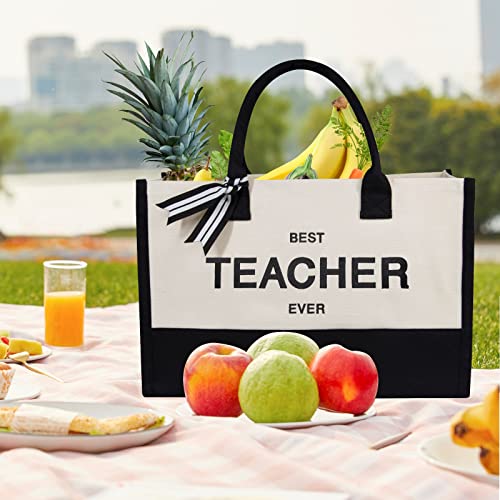 Embroidery Canvas Tote Bag for Women (Black & White / Best Teacher Ever)