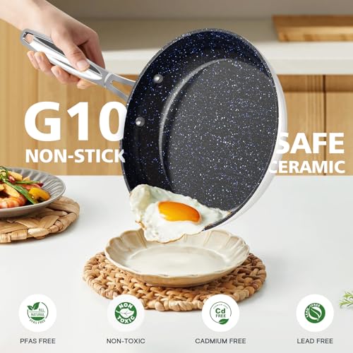 3-Piece 8”, 10”, 12” Forged Lightweight Frying Pan Set (3pc Fry Pan Set / Vanilla Cream)