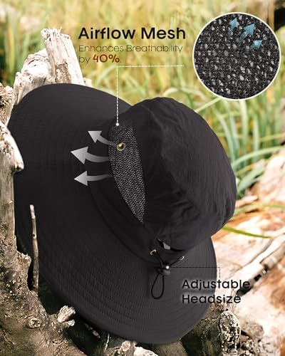 Womens Sun Hat with Ponytail Hole Beach Hiking Summer Wide Brim UPF 50+ Outdoor Protection Foldable Bucket Hat Black (Black)
