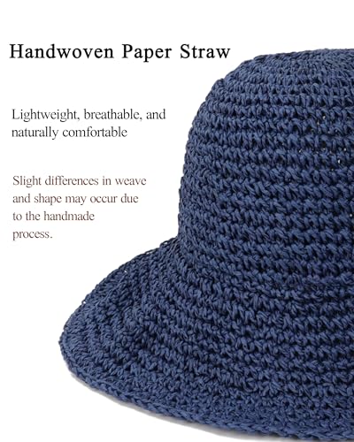 Womens Crochet Straw Sun Hat Foldable Floppy Wide Brim Beach Hat for Summer (One Size / Dark Blue)