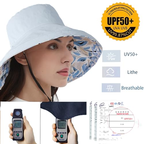 Womens Sun Hats Wide Brim Reversible Bucket Cotton Hat Packable Summer Travel Cap with Hat Clip (Medium / Blue)