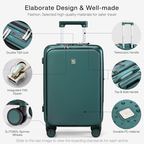 Grace Carry On Luggage with Wheels Airline Approved Hard Shell Suitcases with Front Pocket (20 Inch-2 / Blackish Green)