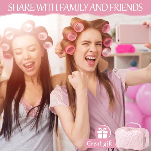 4 Sizes Hair Rollers for Women Pink Curlers Set with Gift Makeup Bag (Light Pink)