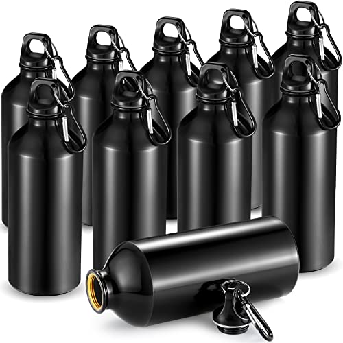 10 Pcs Aluminum Water Bottle 20 oz Reusable Bottles Lightweight Leak Proof Aluminum Sports Travel Bottles with Twist Cap Buckle for Gym (Black)