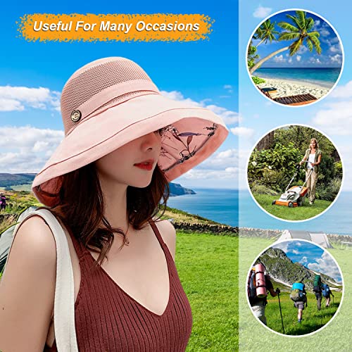 Women Summer Mesh Sun Hats Floppy Wide Brim UV Protection Fishing Hat Beach Hiking Garden Travel Lawn Work Cap Chin Strap (One Size / M9163-pink)