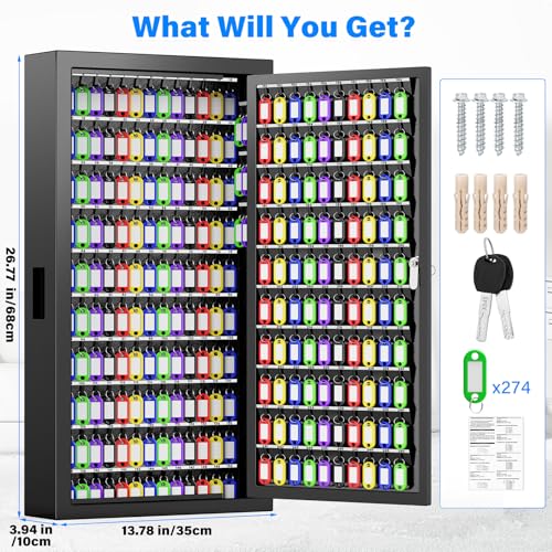 250 Keys Key Lock Box Wall Mount with Additional 24 Side Hooks and Key Tags (274 Keys / Black)