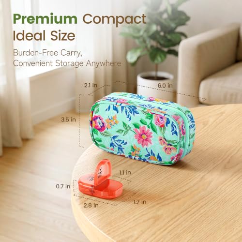 Weekly Travel Pill Organizer 2 Times a Day AM PM Rainbow Pill Box (A Canvas Green 01 / 1 Set Canvas Case)