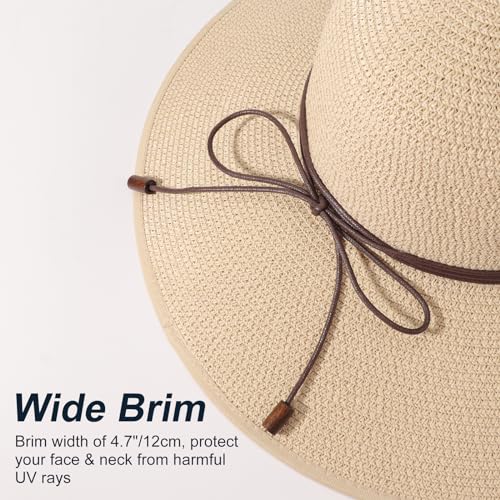 Womens Sun Straw Hat Bowknot Hat Summer Wide Brim Bucket Hats Foldable Beach Sun Hats Roll up UPF 50+ (1 Pack Bowknot Hat: Beige, 4.7" Brim)