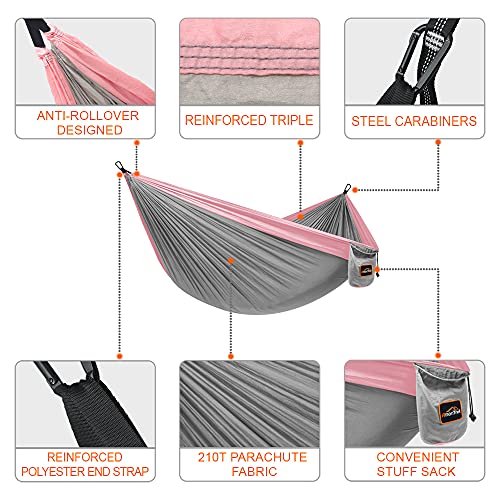 Camping Hammock (Gray&pink / Double 118''L x 78''W)