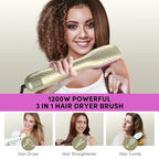 3 in 1 Hair Dryer Brush Straightener 1200W Negative Ionic Hot Air Brush One Step Blow Dryer and Styler for Straightening Drying Smoothing (Champagne Gold)