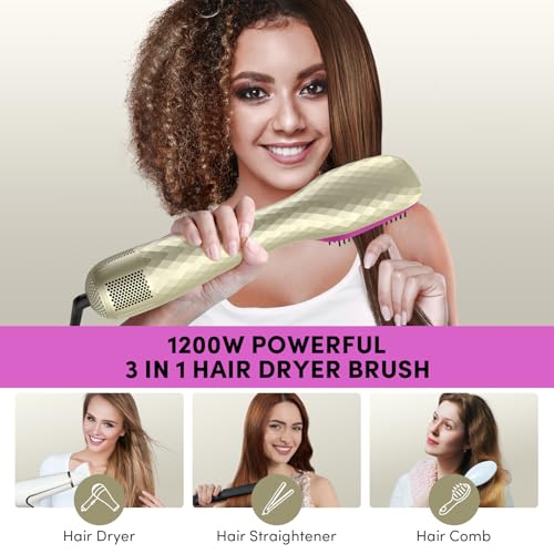 3 in 1 Hair Dryer Brush Straightener 1200W Negative Ionic Hot Air Brush One Step Blow Dryer and Styler for Straightening Drying Smoothing (Champagne Gold)