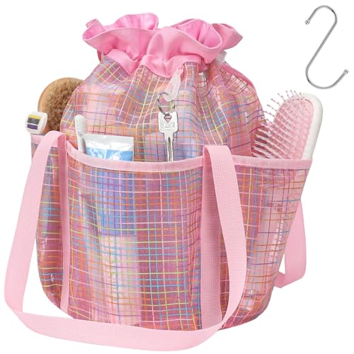 Mesh Shower Caddy Portable with Drawstring (Pink Grid)