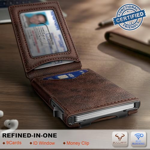 Men Slim Magnetic Leather Wallet Metal Case Money Clip 9 Cards (Forest Brown-4337)