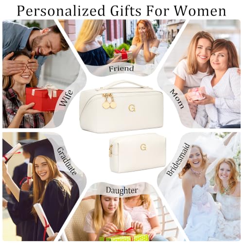 Initial Makeup Bag Personalized Gift for Women Teen Girls (Large Beige / G)