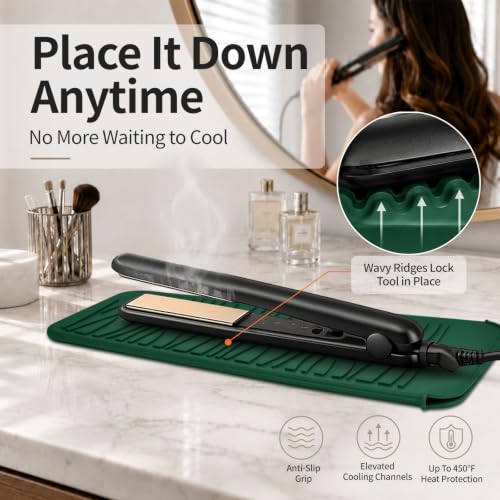 Heat Resistant Silicone Mat for Hair Straightener Curling Wand (1 Pack / Hunter Green)