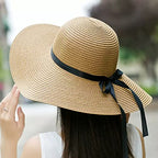Womens Straw Hat Foldable Wide Brim Floppy Beach Sun Hat for Women Roll up Cap UPF 50+ Adjustable Strap Vacation (Ad Khaki 5.9" Brim, 1 Pack)