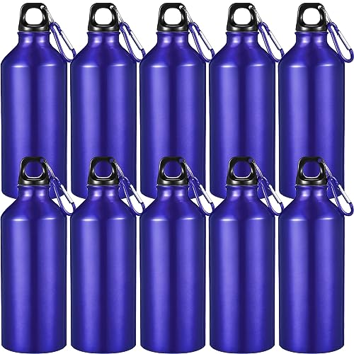 10 Pcs Aluminum Water Bottle 20 oz Reusable Bottles Lightweight Leak Proof Aluminum Sports Travel Bottles with Twist Cap Buckle for Gym (Blue)