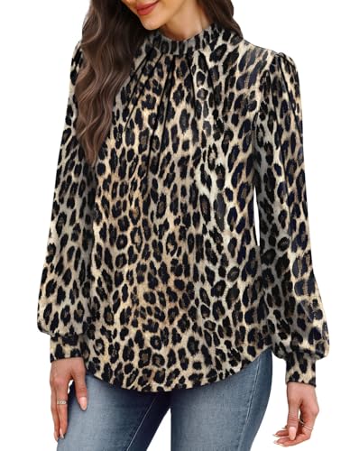 Long Sleeve Shirts for Women Business Casual Fall Outfits for Women 2026 Mock Neck Womens Early Fall Tops 2026 Fashion Clothing Work Blouses Fall Clothes Plus Size Clothes Leopard Print XL (02 - Leopard Print / X-Large)