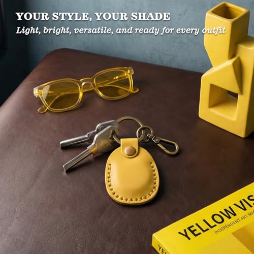 Genuine Leather Airtag Holder Compatible with Apple AirTag Keychain 2nd & 1st Gen (Yellow)