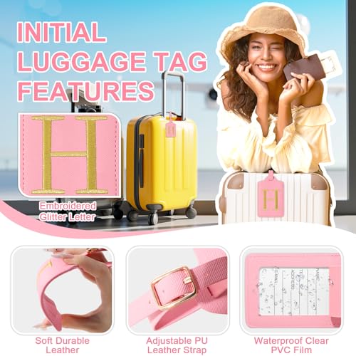 Personalized Initial Luggage Tags for Suitcase (Pink Leather,glod Letter / H)