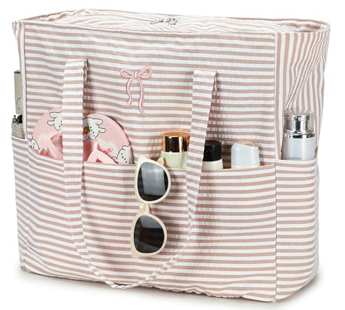 Beach Pool Bags Tote for Women Ladies Large Gym Tote Carry On Bag With Wet Compartment for Weekender Travel Waterproof (Brown Striped Bow)