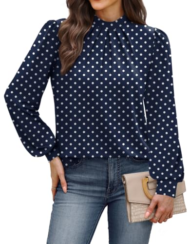 Long Sleeve Shirts for Women Fall Outfits for Women 2026 Business Casual Tops Blouses Dressy Casual Early Fall Fashion Clothing School Outfits for Teachers Work Clothes Trendy (05 - Navy Blue Polka Dot / XX-Large)
