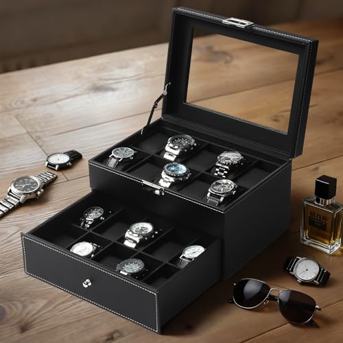 Mens Watch Box Jewelry Organizer (Black / 20-slot)