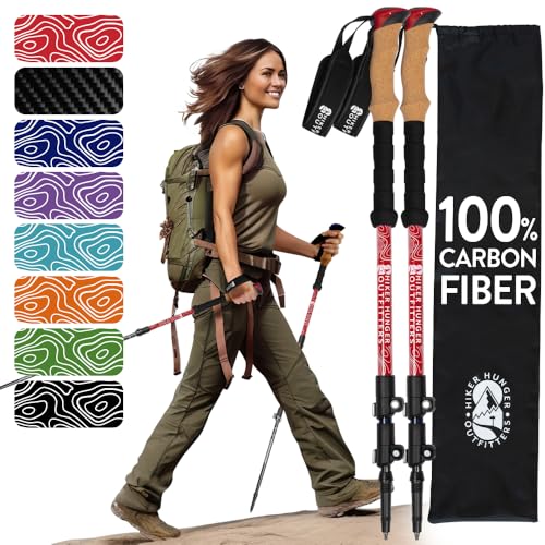 100% Carbon Fiber Trekking Poles by USA Brand (Cork - Red)