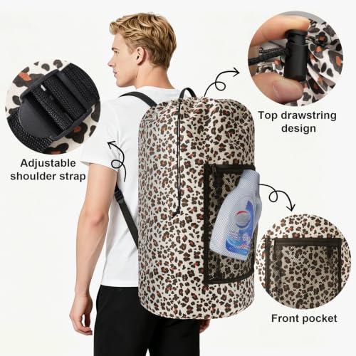 Laundry Backpack Portable Travel Laundry Bags with Straps and Mesh Pocket (Leopard Print / 2 Pack)