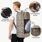Laundry Backpack Portable Travel Laundry Bags with Straps and Mesh Pocket (Leopard Print / 2 Pack)